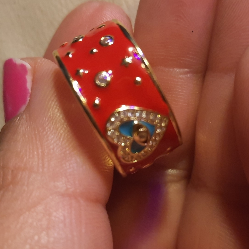 - Red and blue Enamel Gold Tone heavy adjustable ring - Picture 5 of 5